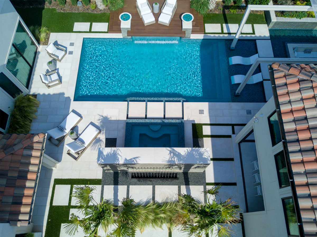 From above, the full layout of pavers around pool and pool coping pavers is extensive